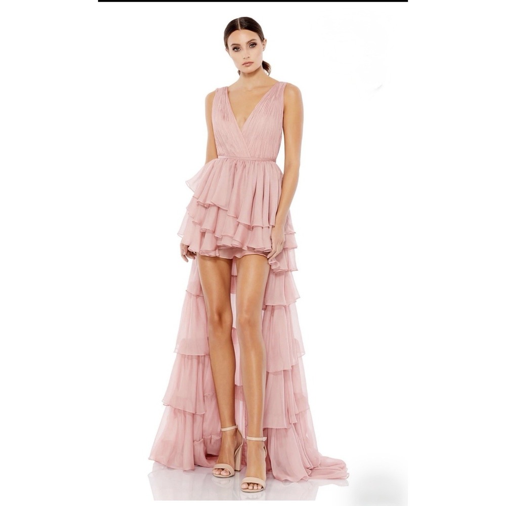 Ieena Mac Duggal Size 2 Plunge Neck Ruffled Hi-Low Chiffon Gown‎ Rose Gold 55320